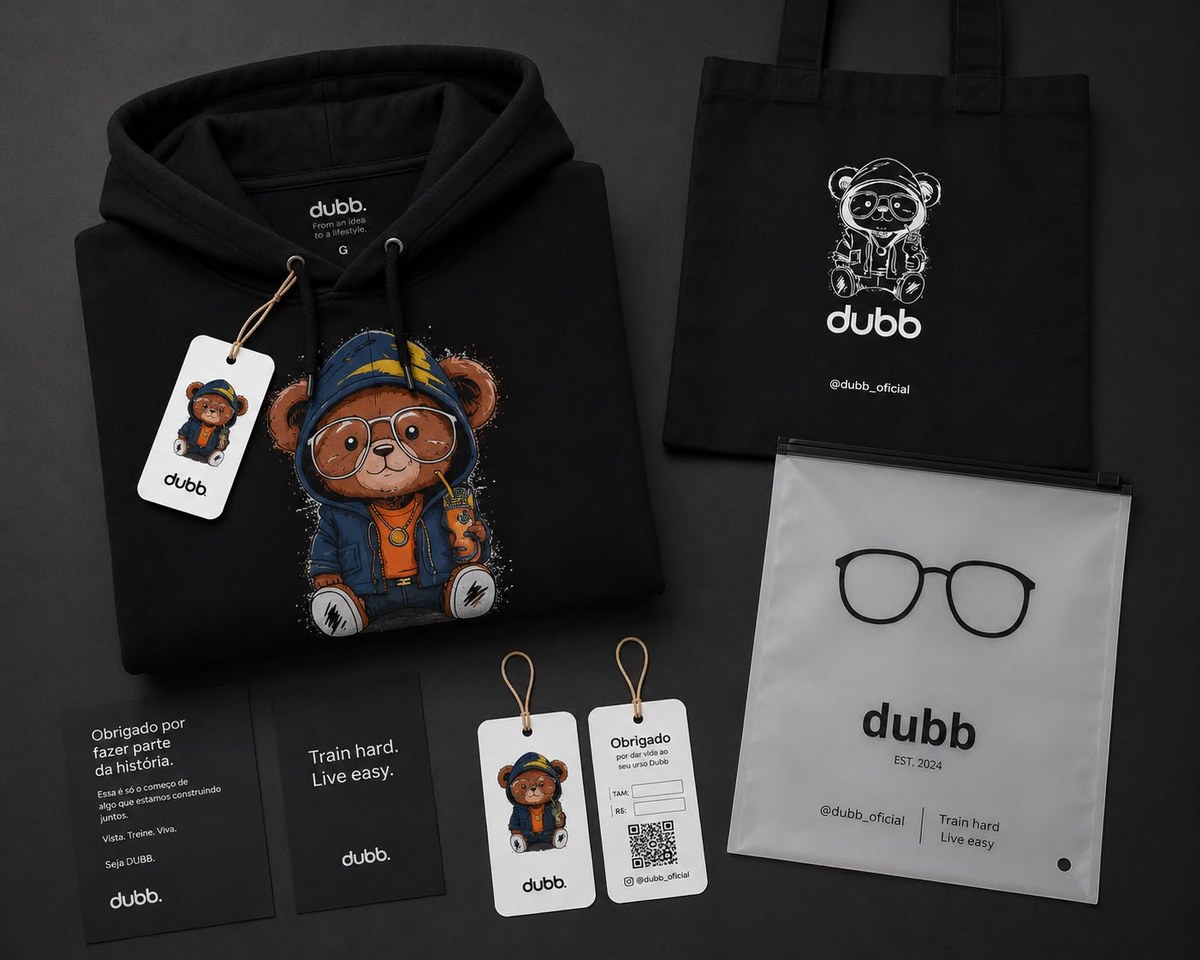 Kit de unboxing DUBB: sacola, tags e cartão
